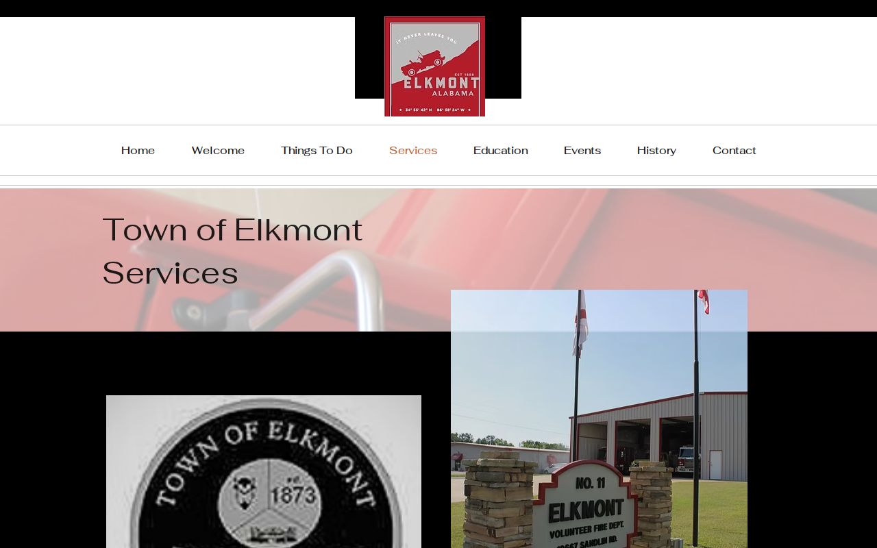 Town of Elkmont services page with police department contact and criminal-record inquiry information