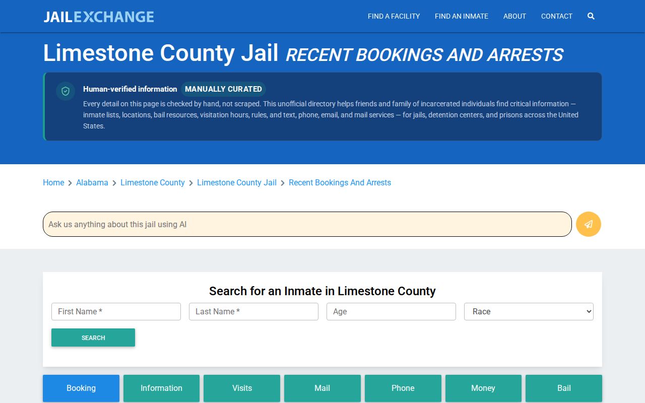 Unofficial JailExchange Limestone County recent bookings information page