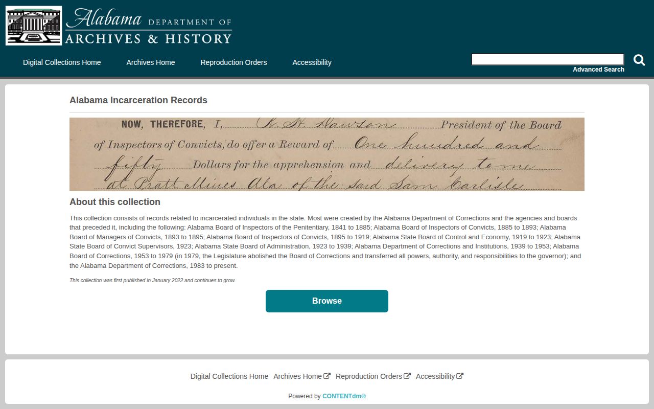 Alabama Department of Archives and History incarceration records collection