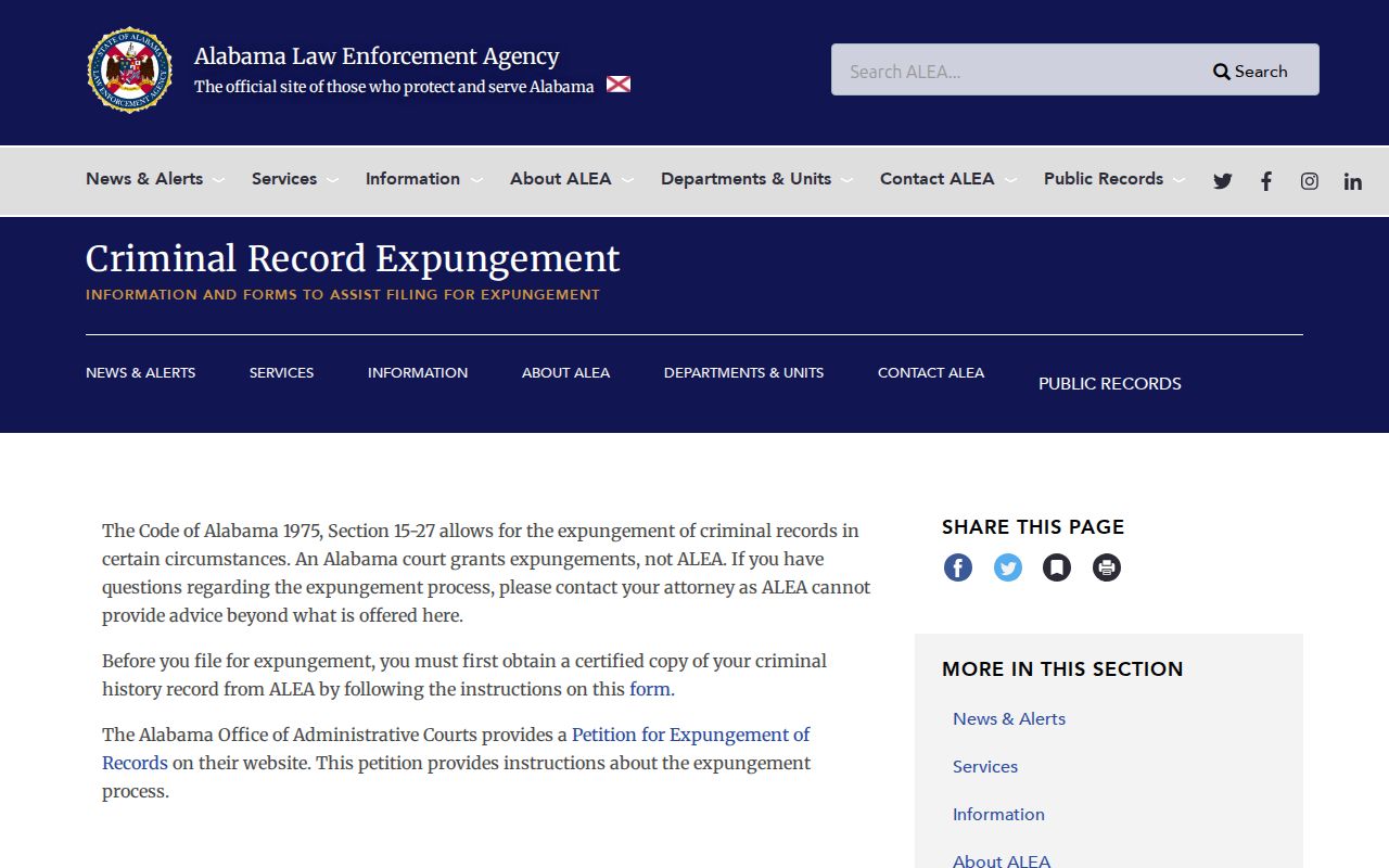ALEA expungement guidance for Limestone County arrest records