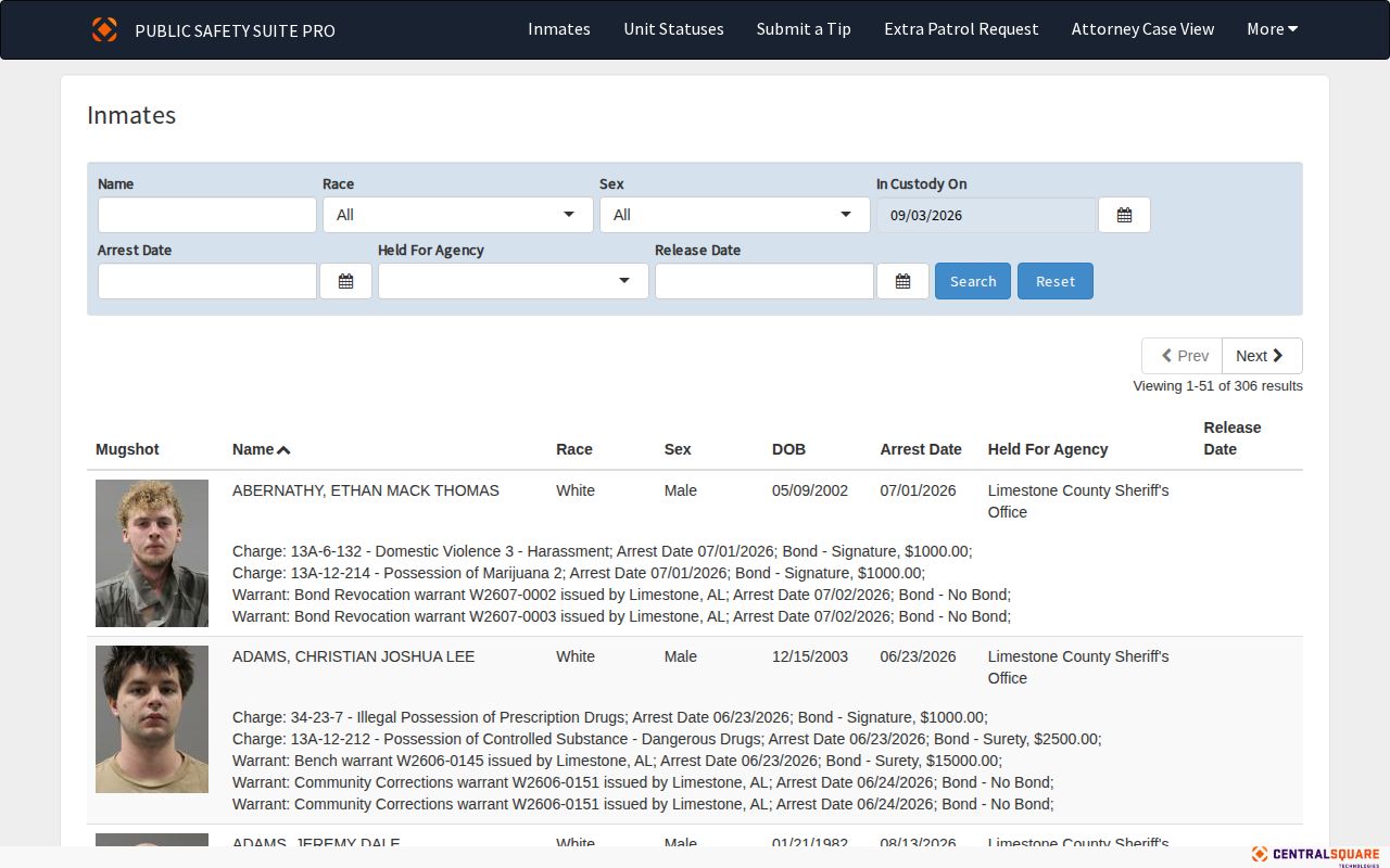 Limestone County recent arrests jail roster search interface
